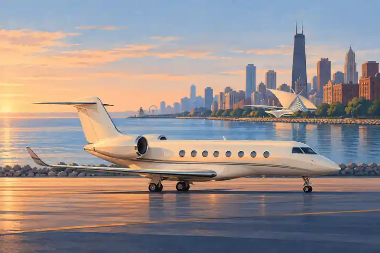 Private jet in an imagined Milwaukee lakeshore setting with blue haze and a distant civic skyline.