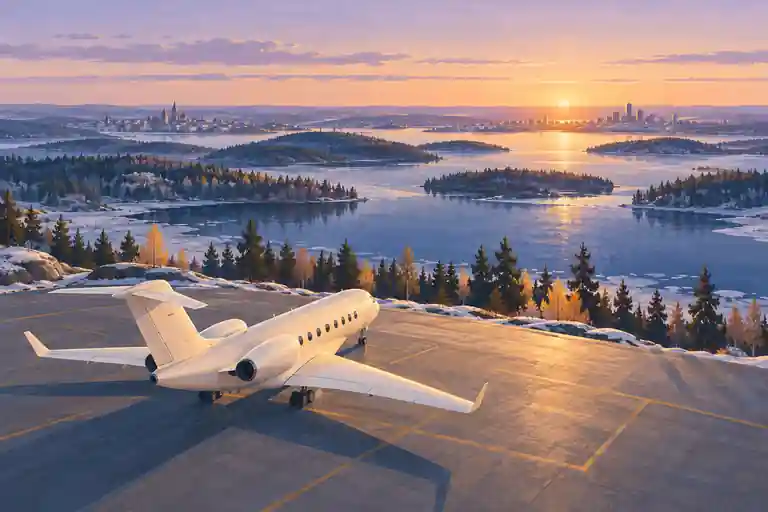 Private jet in an imagined Minneapolis–St. Paul setting with blue lakes, frosted woodland and a distant skyline.