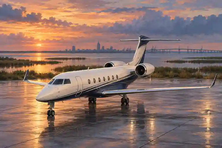 Imagined illustration of an unbranded private jet with broad Mobile Bay-like water and marsh reeds with a distant modest port-city silhouette and long bridge low on the horizon near Mobile, Alabama.