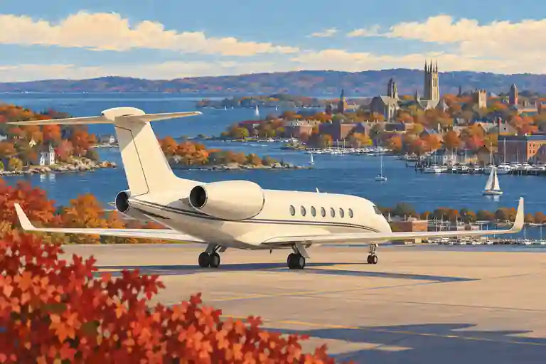 Cream private jet in an imagined New Haven setting with collegiate towers, harbor water and autumn woodland.