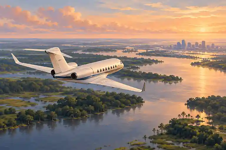 Imagined private jet flying over Louisiana wetlands and a distant New Orleans-inspired skyline.