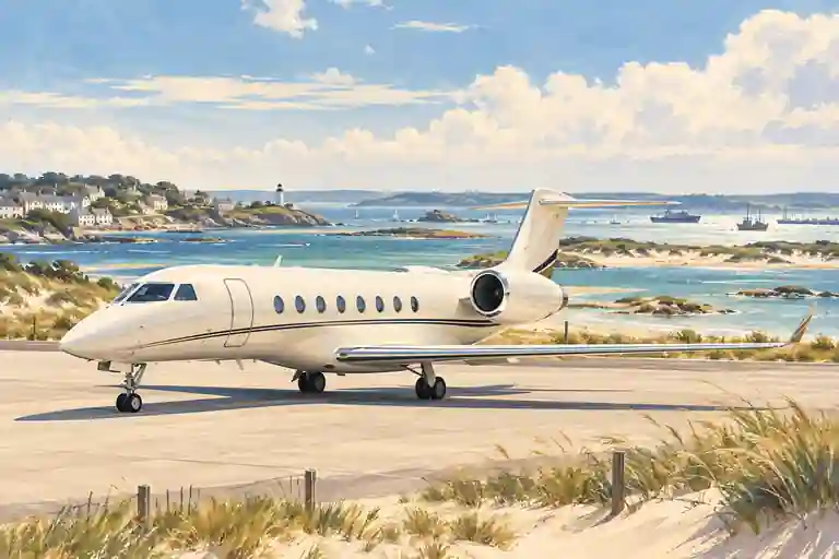 Private jet in an imagined Norfolk–Virginia Beach coastal setting with tidal water and dune grasses.