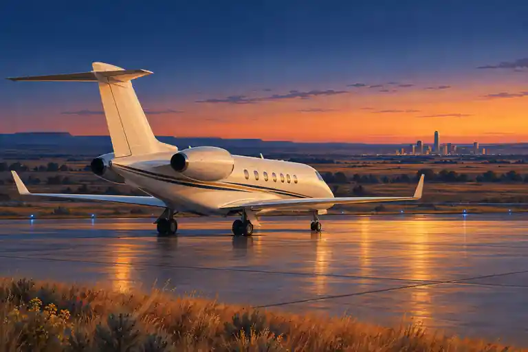 Private jet in an imagined Oklahoma City plains setting with copper grasses and a distant slender skyline.