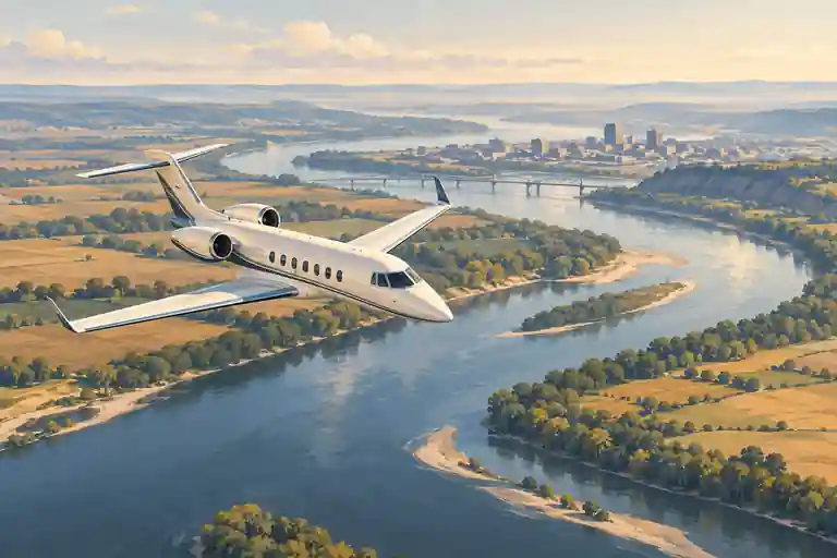 Imagined private jet above a broad river bend, prairie fields, and a distant Omaha-inspired skyline.