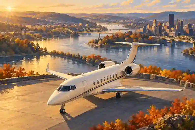 Private jet in an imagined Pittsburgh landscape of river bends, bridges and autumn hills.