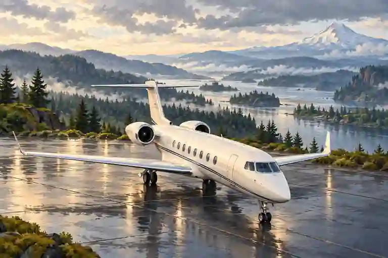 Private jet on an imagined Portland-area apron after rain, with evergreen hills and a distant mountain.