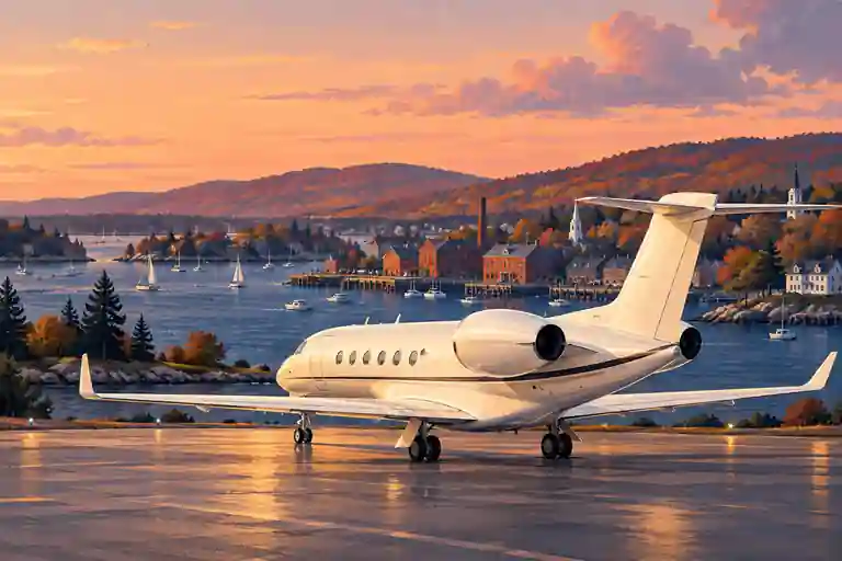 Cream private jet in an imagined Providence landscape of harbor water, brick mills and autumn hills.