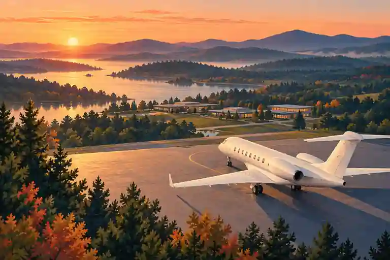 Cream private jet in an imagined Raleigh Piedmont setting with pine woods and distant campus forms.