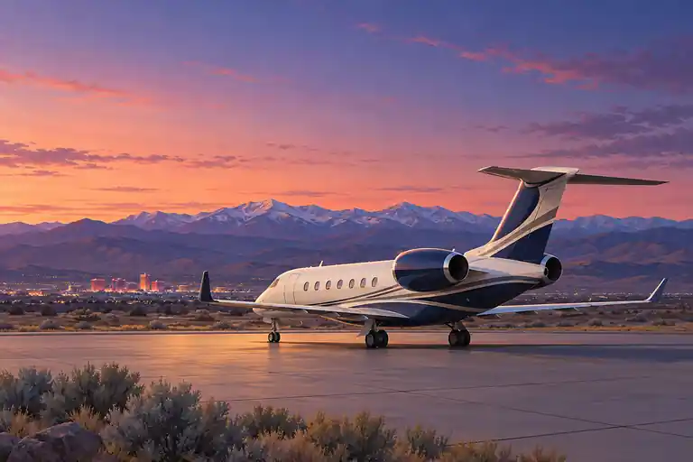 Imagined illustration of an unbranded private jet with arid sagebrush basin with a distant snowy Sierra ridge and subtle city lights near Reno.