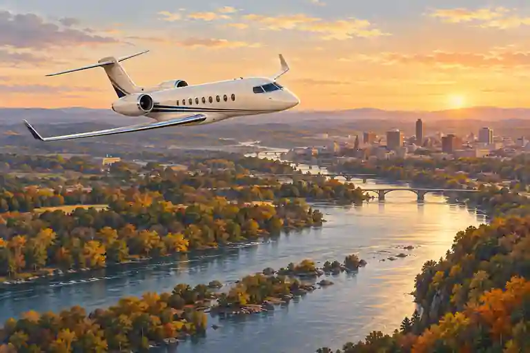 Imagined private jet flying above an autumn river landscape and distant Richmond-inspired skyline at sunrise.
