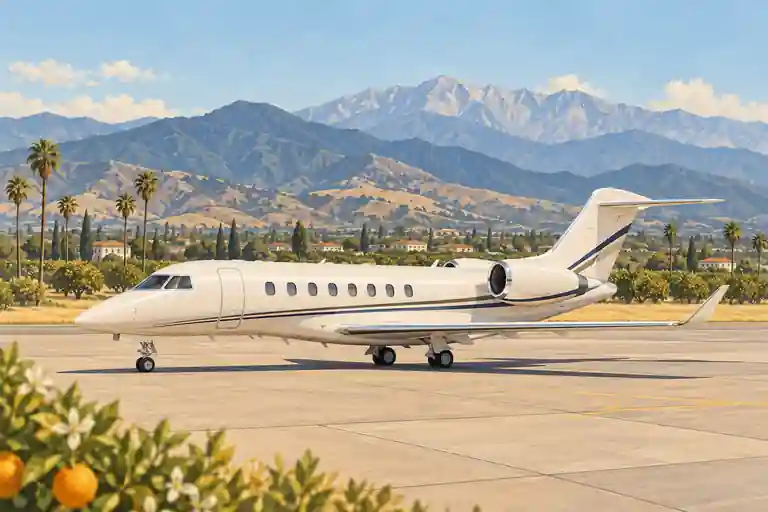 Cream private jet in an imagined Inland Empire setting with citrus groves and distant mountain foothills.