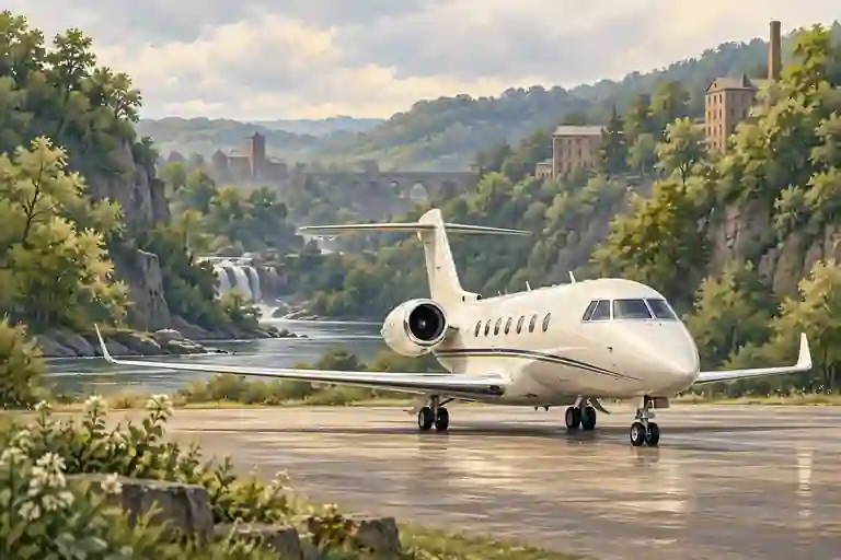 Imagined private jet beside a wooded river gorge with waterfalls and brick mill buildings.