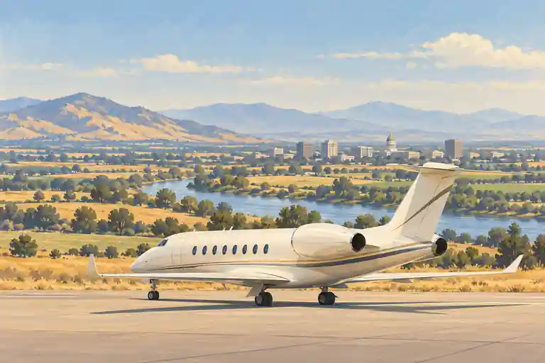 Cream private jet in an imagined Sacramento landscape with golden grasses, a river and a distant skyline.