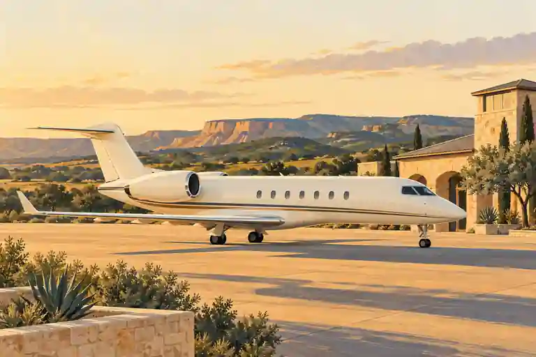 Cream private jet in an imagined San Antonio landscape of warm sandstone forms and scrub hills.