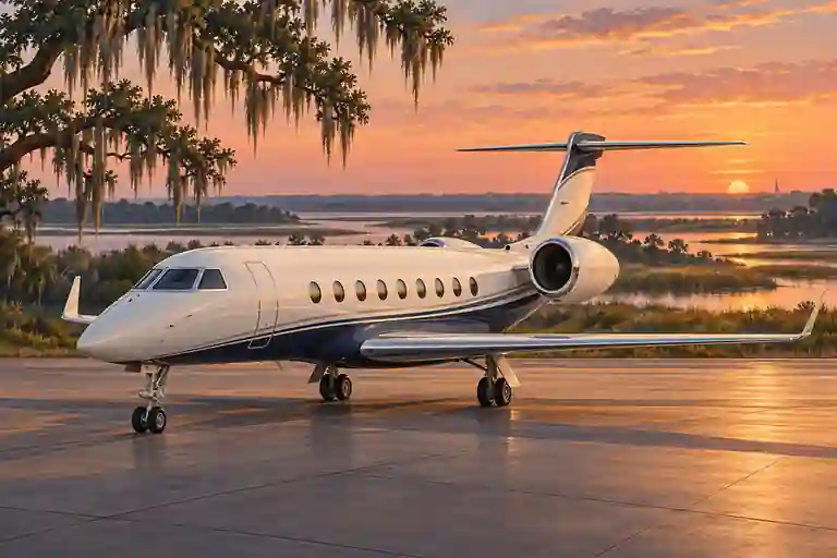 Imagined illustration of an unbranded private jet with Lowcountry tidal creeks and moss-draped live oaks on the distant edge of a fictional airfield near Savannah.