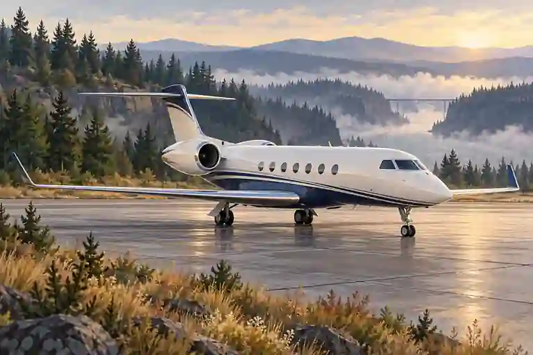 Imagined illustration of an unbranded private jet with dark pine woodland and rolling inland-northwest hills near Spokane.