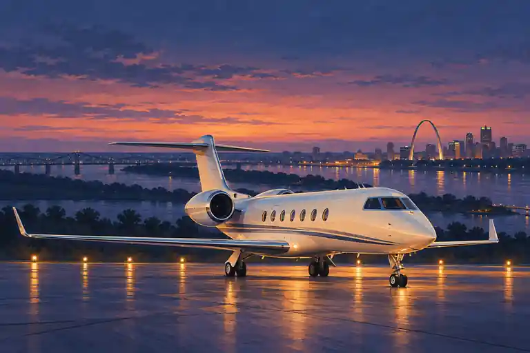 Private jet in an imagined St. Louis setting beside a broad river landscape and a distant arch silhouette.