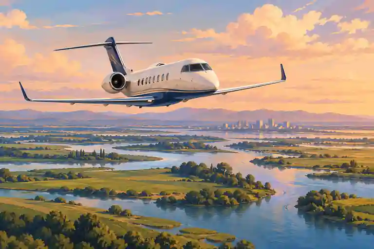 Imagined private jet flying above California Delta waterways and green islands in afternoon light.