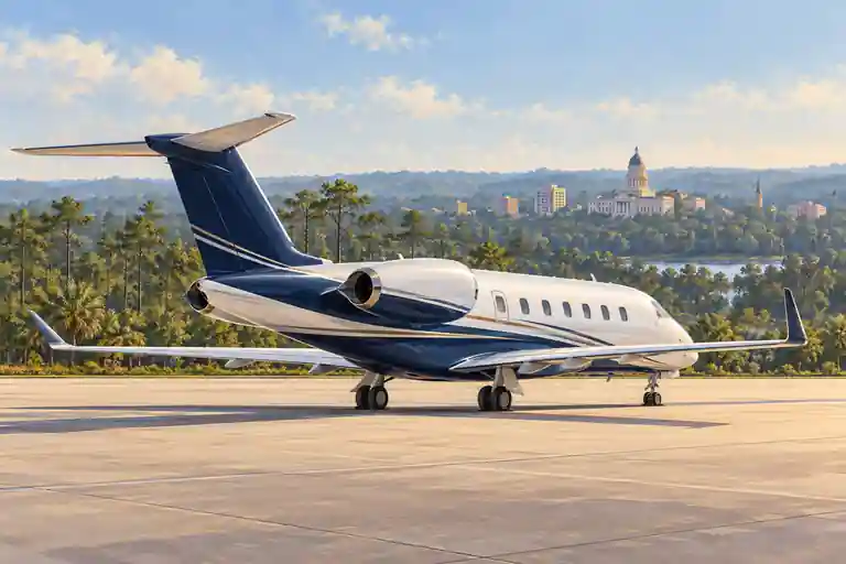 Imagined illustration of an unbranded private jet with rolling Florida panhandle hills and longleaf pine woodland near Tallahassee, Florida.