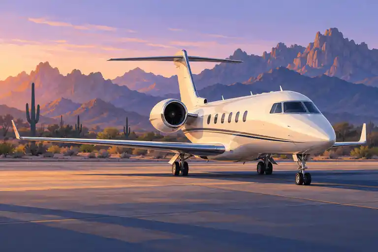 Imagined private jet framed by Sonoran desert mountains and saguaro silhouettes at dawn.