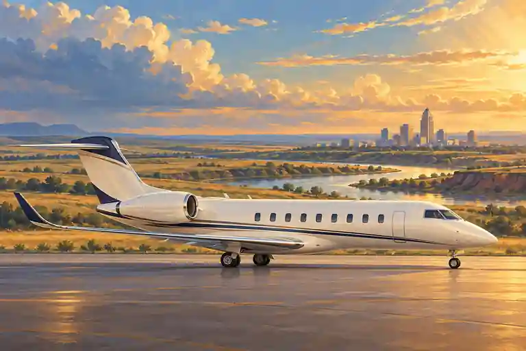 Imagined private jet with Oklahoma prairie, a winding river, and distant art-deco-inspired towers.