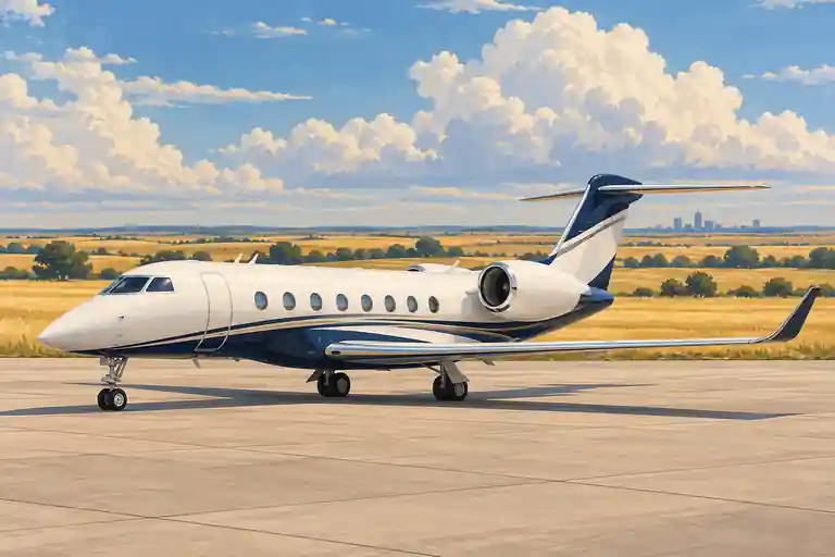 Imagined illustration of an unbranded private jet with wide Kansas prairie and grain-gold horizon under large softly painted summer cloudbanks near Wichita.