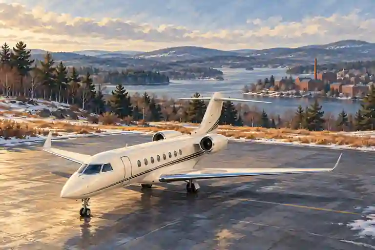 Private jet in an imagined Worcester setting with wooded hills, a reservoir and distant brick mill forms.
