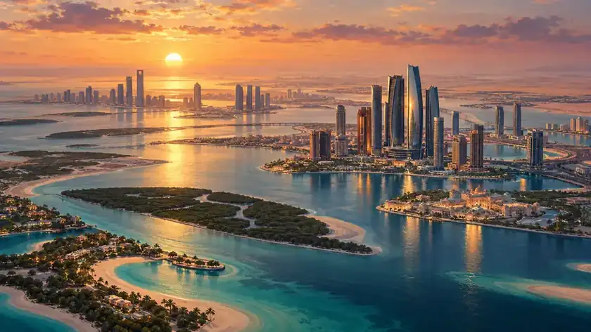 Editorial illustration: Abu Dhabi islands and coastal skyline.