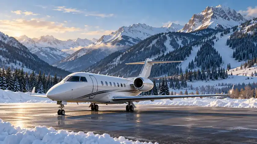 Editorial illustration: Private jet in an Aspen winter valley.