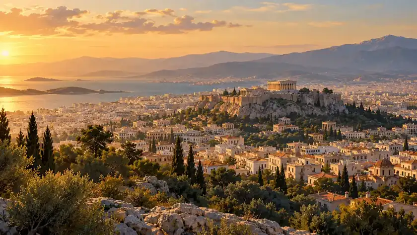 Editorial illustration: Athens cityscape and surrounding mountains.