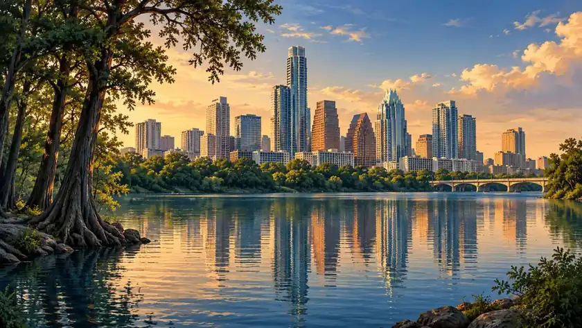 Editorial illustration: Austin skyline beside Lady Bird Lake.