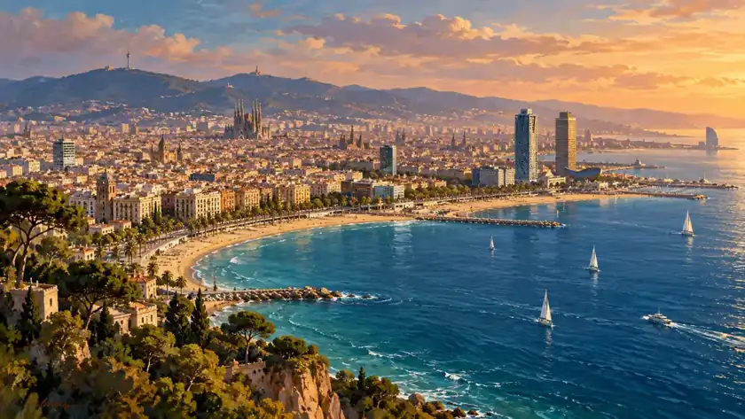 Editorial illustration: Barcelona Mediterranean coastline and city.