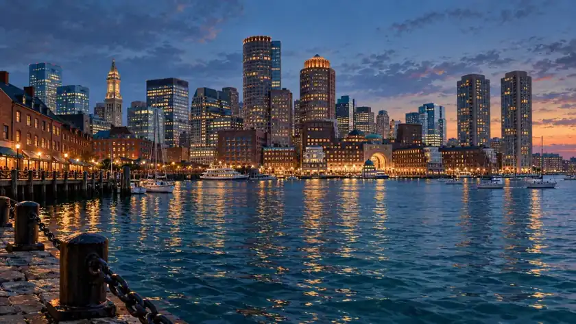 Editorial illustration: Boston harbor and waterfront skyline.
