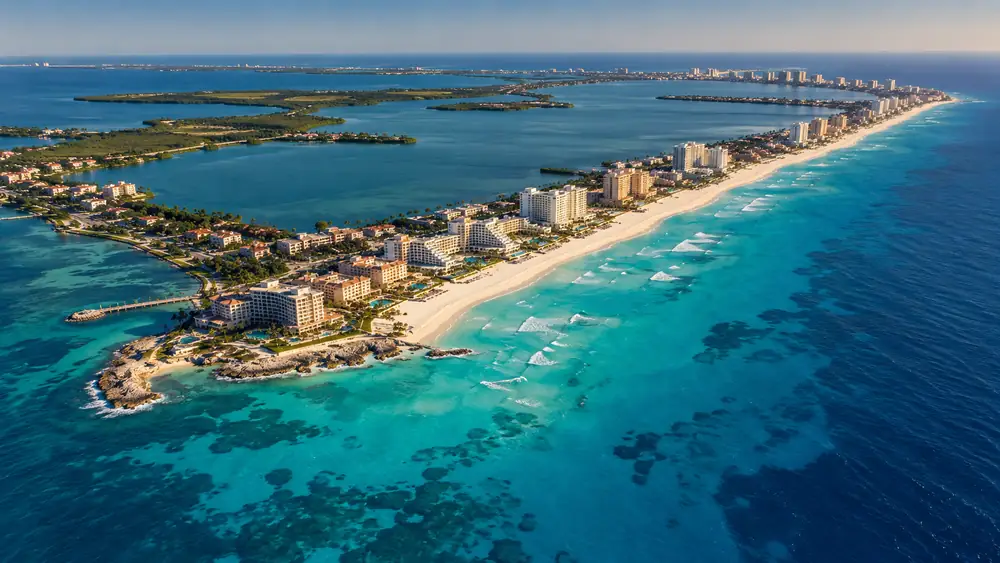 Editorial illustration: Cancun turquoise coast and lagoon.