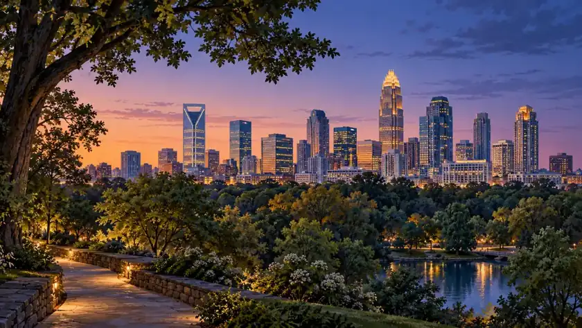 Editorial illustration: Charlotte business skyline at dusk.