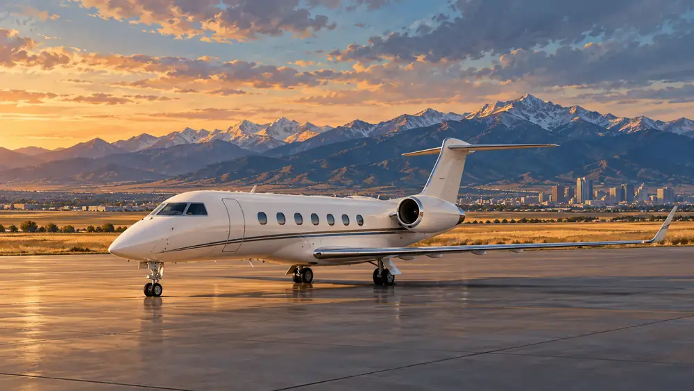 Editorial illustration: Private jet on a Denver apron beneath the Front Range.