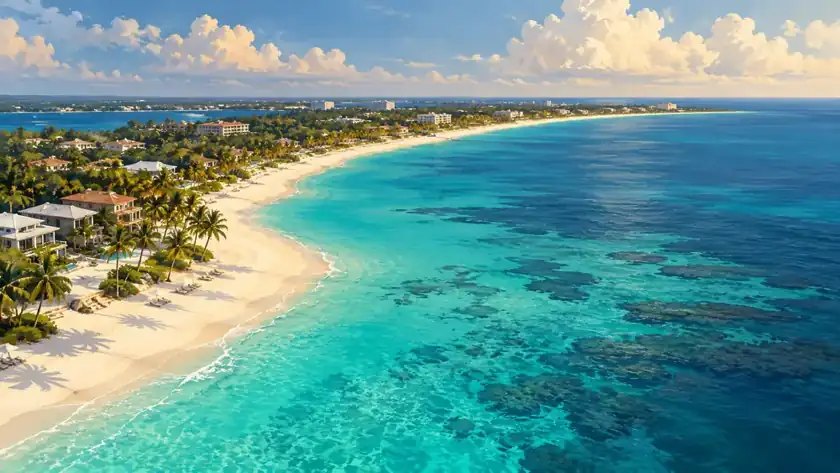 Editorial illustration: Grand Cayman Seven Mile Beach coast.