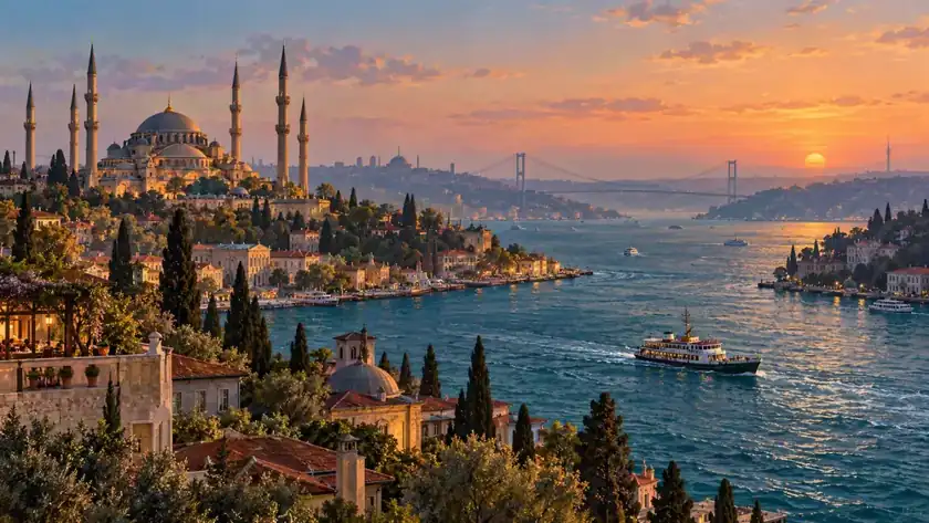 Editorial illustration: Istanbul skyline beside the Bosphorus.