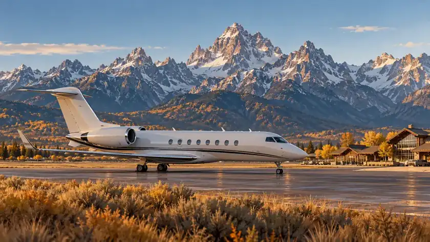 Editorial illustration: Private jet below the autumn Teton range.