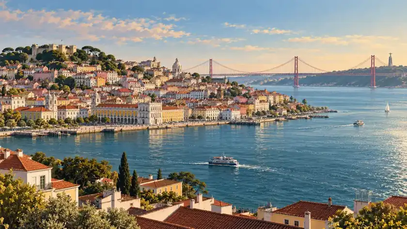 Editorial illustration: Lisbon Tagus waterfront and hillside rooftops.