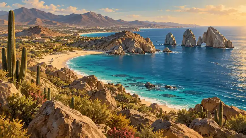Editorial illustration: Los Cabos desert coast and sea cliffs.