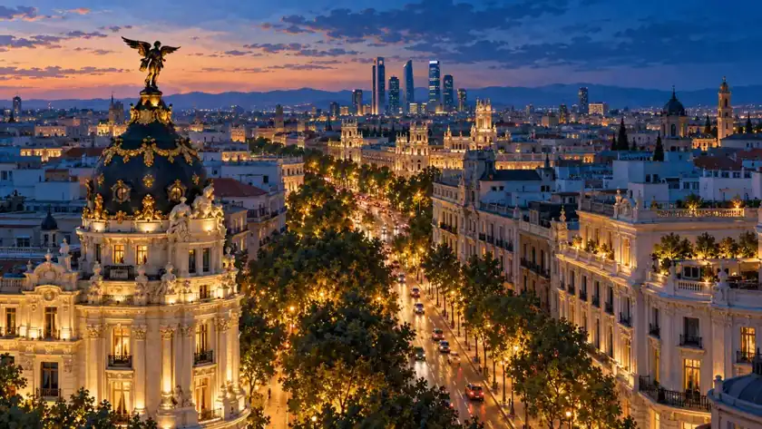 Editorial illustration: Madrid avenue and elegant city skyline.