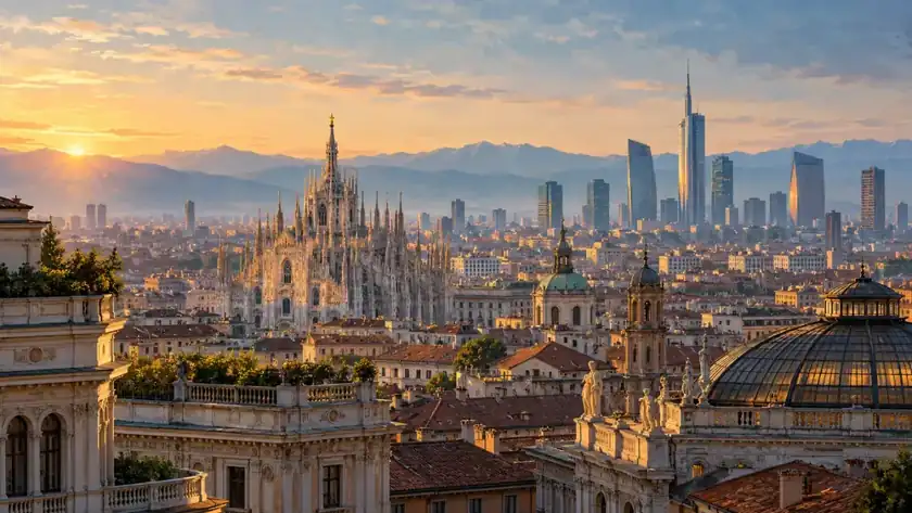 Editorial illustration: Milan rooftops and modern skyline.