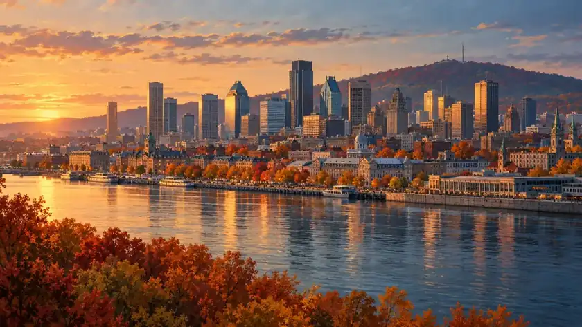Editorial illustration: Montreal skyline across the Saint Lawrence River.