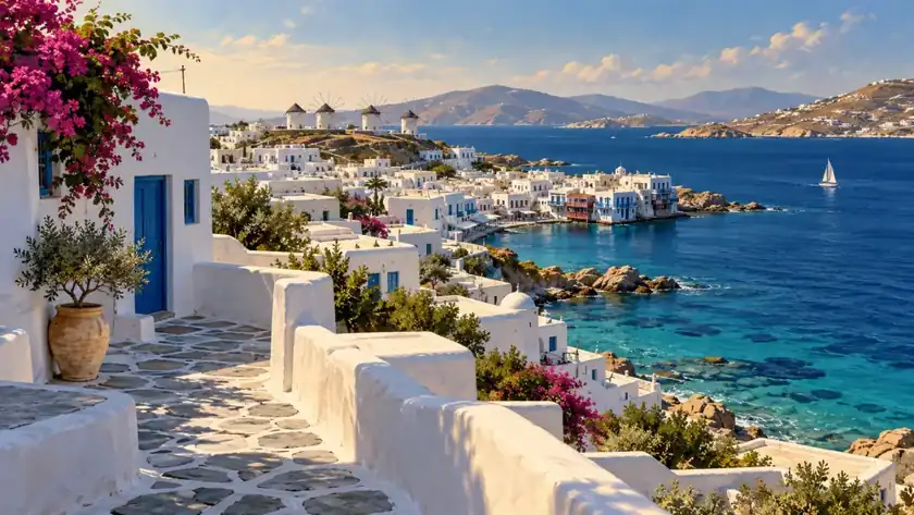 Editorial illustration: Mykonos whitewashed houses and blue sea.