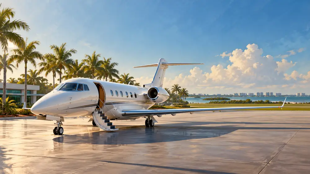 Editorial illustration: Private jet at Naples with Gulf palms.
