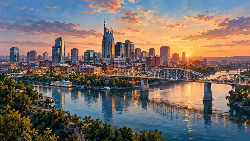 Editorial illustration: Nashville skyline across the Cumberland River.