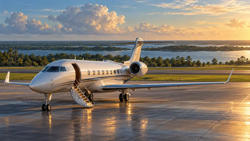 Editorial illustration: Private jet near Orlando with Florida lake landscape.