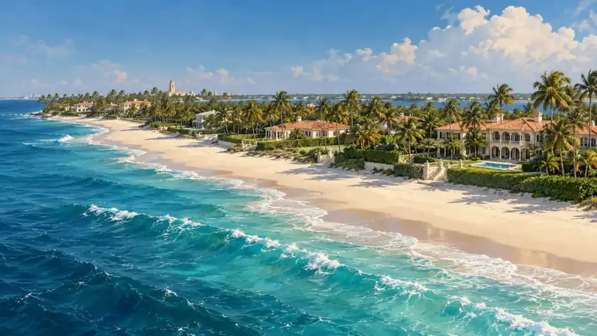 Editorial illustration: Palm Beach Atlantic shoreline and palms.