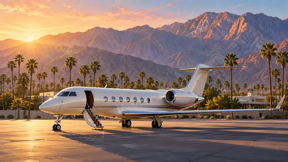 Editorial illustration: Private jet with palms and desert mountains.